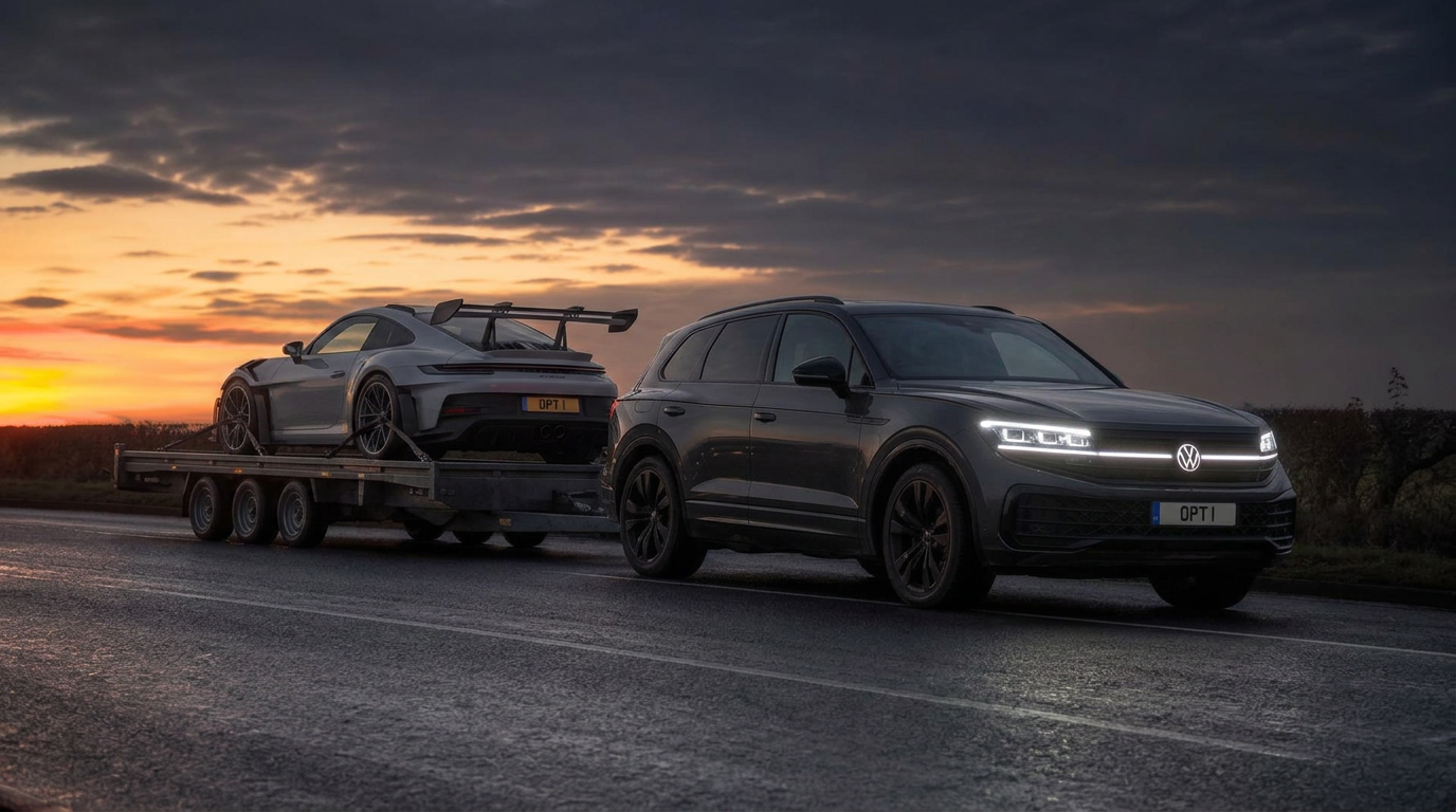 A Volkswagen Touareg towing a tri-axle trailer carrying a secured Porsche 911 on a UK A-road at dusk